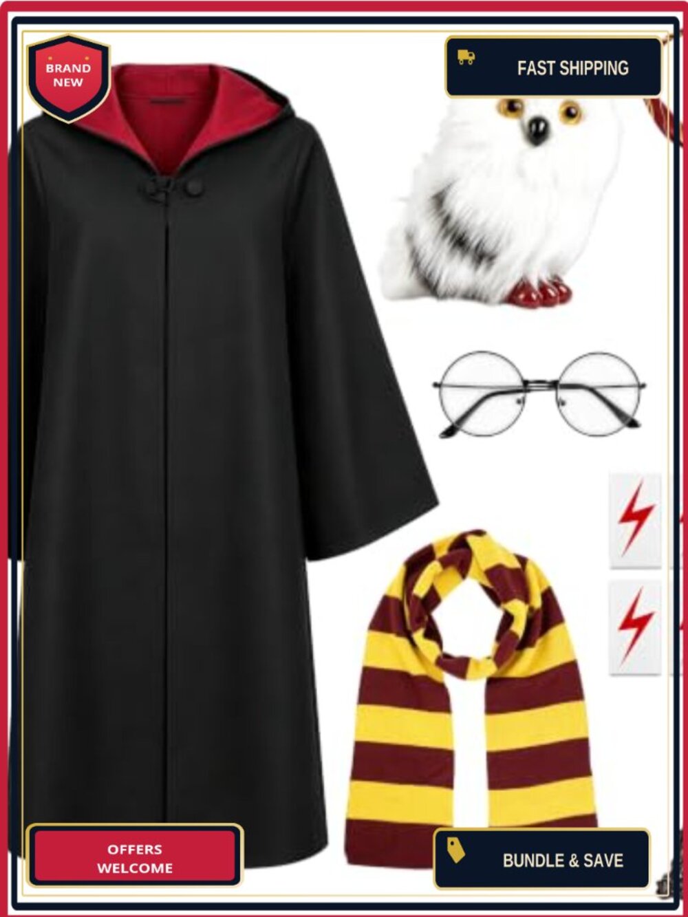 LUYI Wizard Costume Set Robe Owl Wand Tie Scarf Glasses Halloween Cosplay